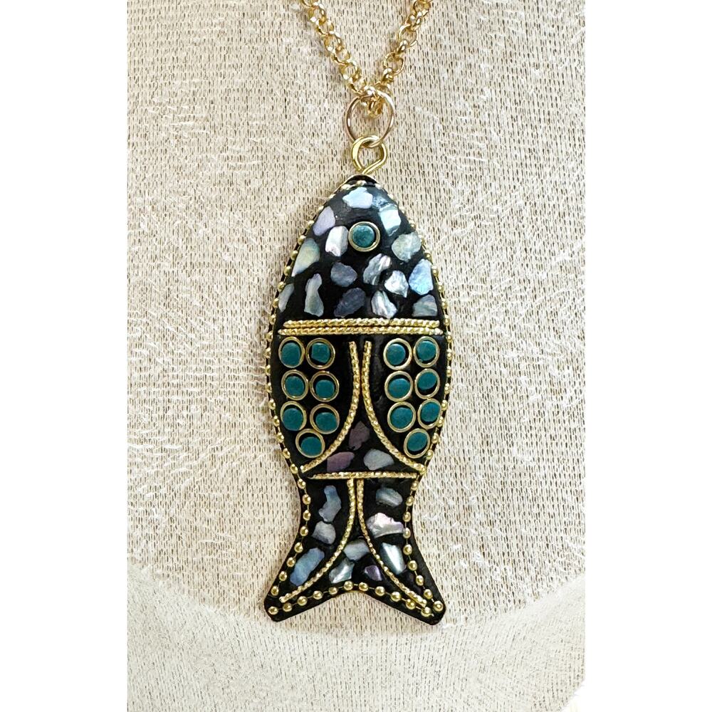 Fish Pendant Necklace Gold Tone Abalone Shell Mosaic 21" Chain N382 - Picture 2 of 4